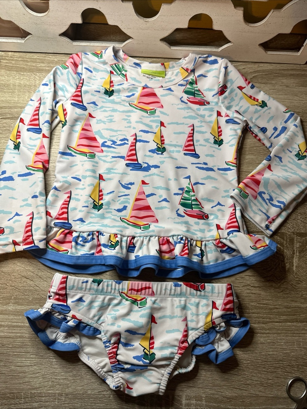 Classic Whimsy Watercolor Sailboat Rash Guard Swimsuit Size 4t